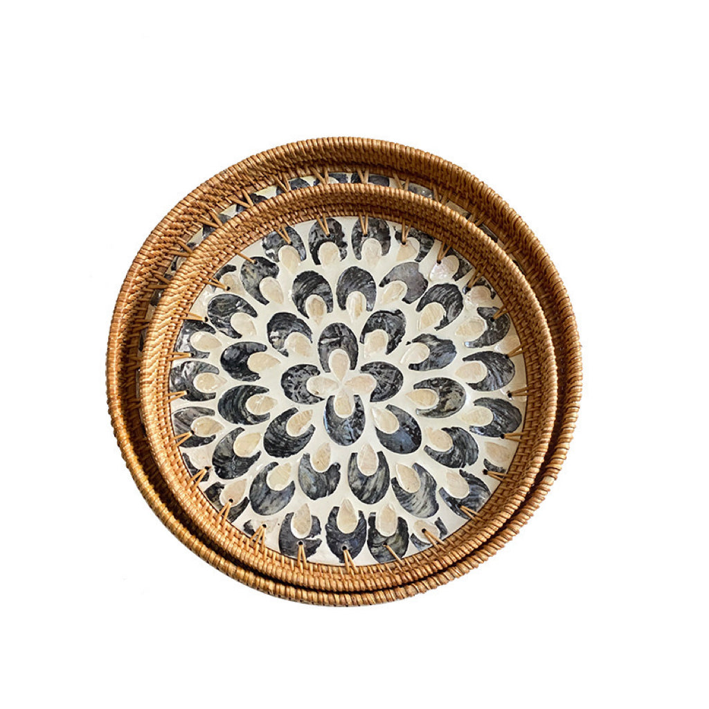 Rattan Shell Round Tray, Coffee tray, Jewelry Trinket Tray